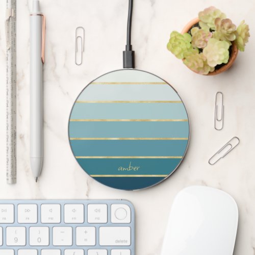Custom Monochromatic Gradient Teal Gold Stripes  Wireless Charger