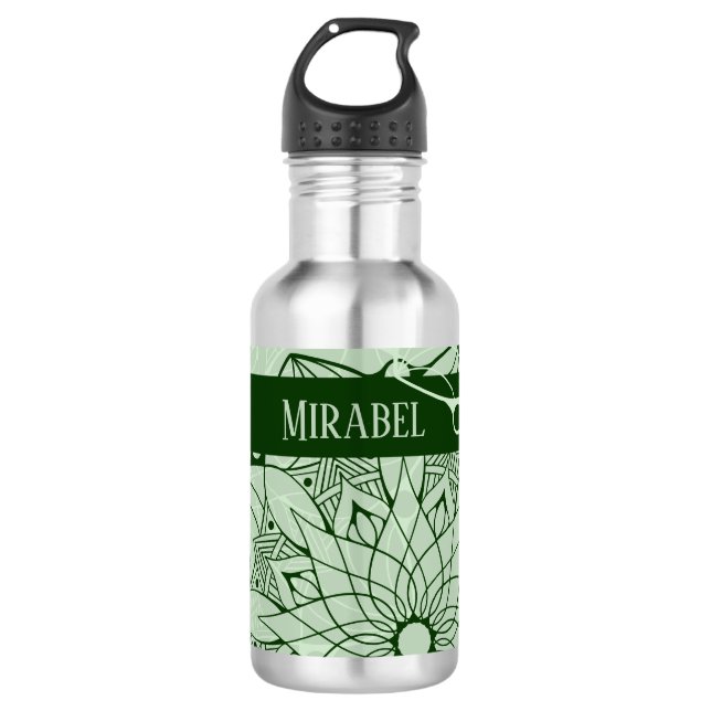 Custom Monochrome Green Mandala Water Bottle (Front)