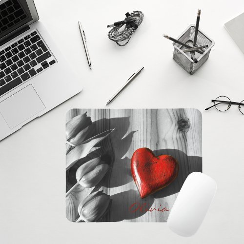 Custom Monochrome Tulips Red Heart Valentines Day Mouse Pad