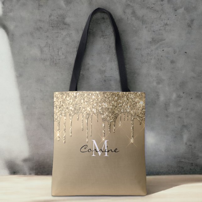 Custom Monogram 14k Ant Gold Drip Glitter Metallic Tote Bag (Creator Uploaded)