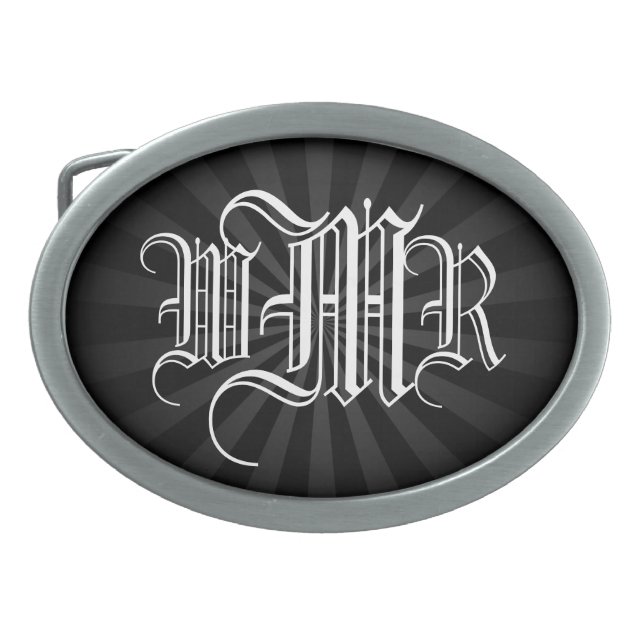 Custom Monogram 3 Initial Belt Buckle, Black/White (Front)