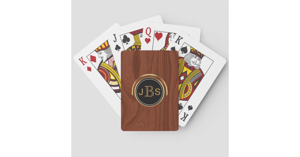Custom Monogram 3 Letters Woodgrain Gold Black Playing Cards Zazzle Com