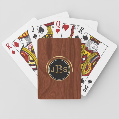 Custom Monogram 3 Letters  Woodgrain Gold Black Poker Cards