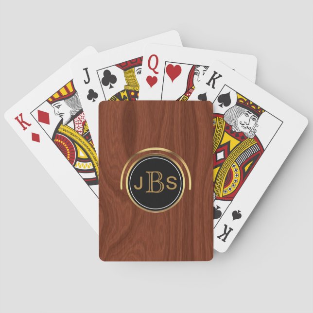 Custom Monogram 3 Letters | Woodgrain Gold Black Poker Cards (Back)