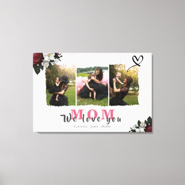 Custom Monogram 3 Photo Collage Mother Family Canvas Print (Front)