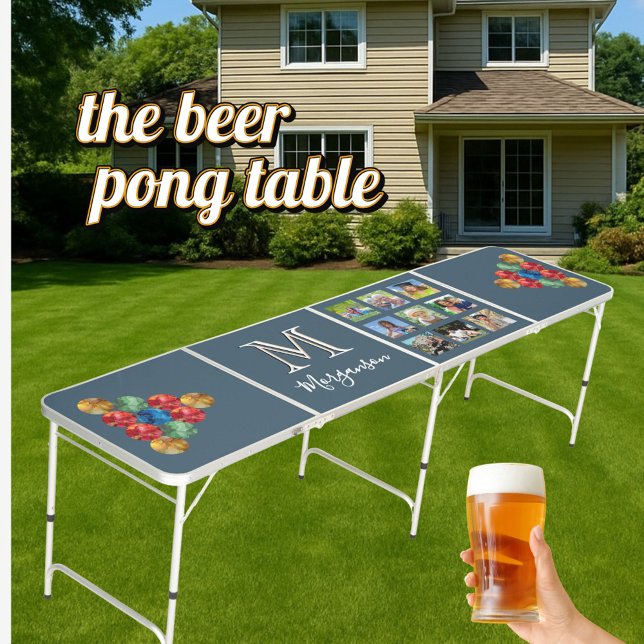 Custom Monogram 9 Photo Name Cup Placeholders Beer Pong Table (Creator Uploaded)