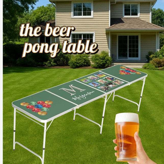 Custom Monogram 9 Photo Name Cup Placeholders Beer Pong Table (Creator Uploaded)