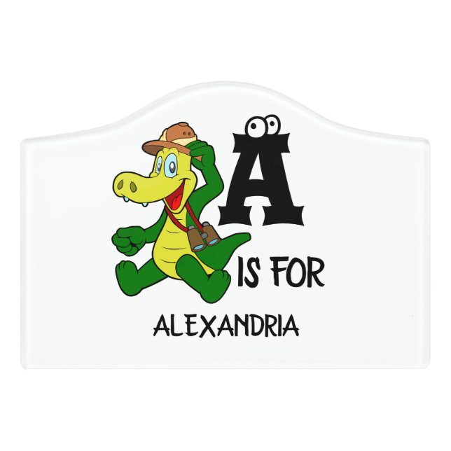 Custom monogram A is for Alligator funny reptile Door Sign (Small Crest Front)