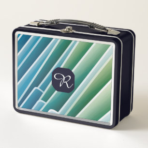 Custom Monogram Abstract Blue Green Metal Lunch Bo Box