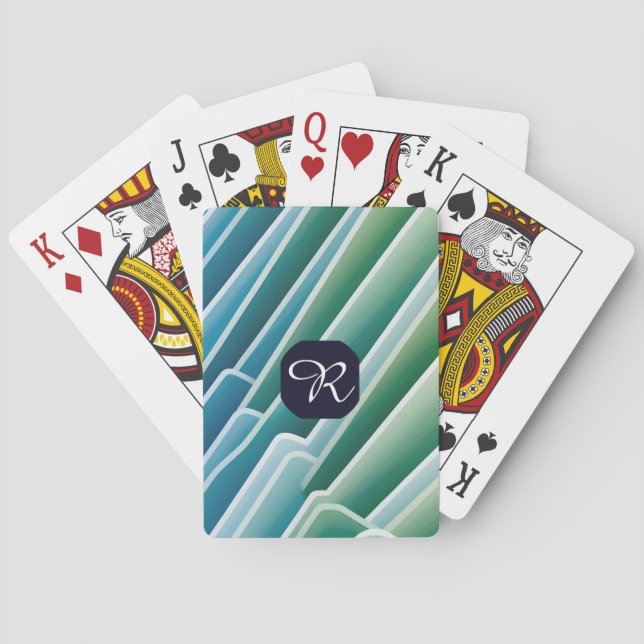 Custom Monogram Abstract Blue Green Poker Cards (Back)