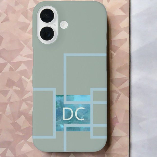 Custom monogram abstract geometric sage green teal iphone case (Creator Uploaded)