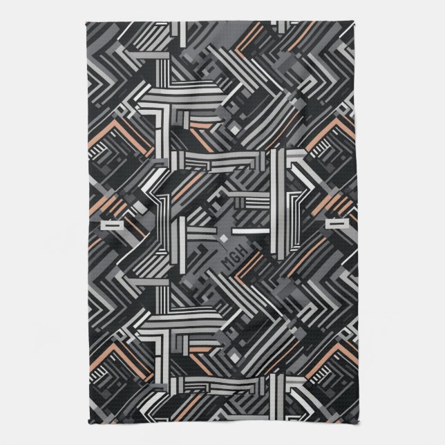 Custom Monogram Abstract Industrial Pattern Kitchen Towel (Vertical)