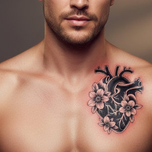 Custom Monogram Anatomical Heart & Flowers Temporary Tattoos