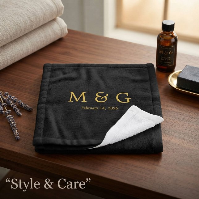 Custom Monogram and Date Personalized Solid Black Wash Cloth