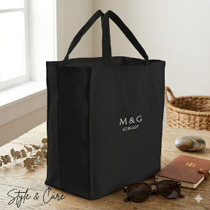 Custom Monogram and Date Symbol of Love Black Embroidered Tote Bag