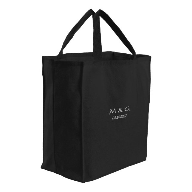 Custom Monogram and Date Symbol of Love Black Embroidered Tote Bag (Angled)