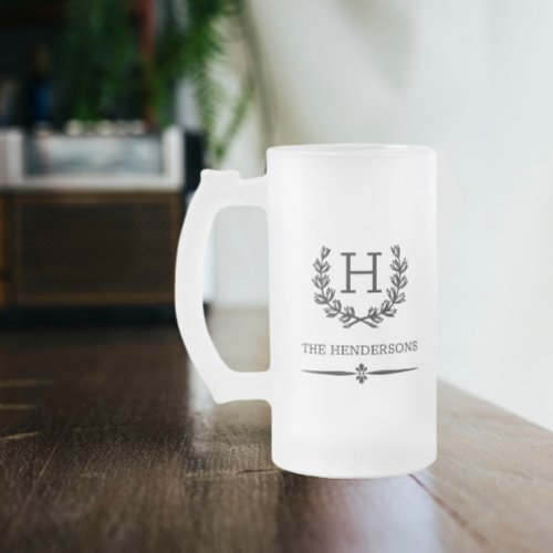 Custom Monogram and Name Laurel Frosted Glass Beer Mug