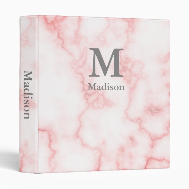 Custom Monogram and Name on Pink Marble Look 3 Ring Binder (Front/Spine)