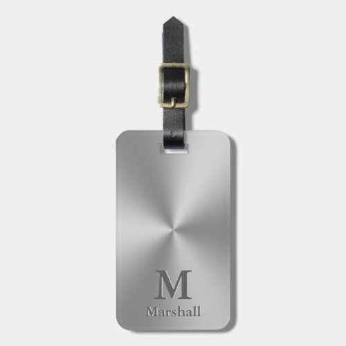 Custom Monogram and Name on Silver Metal Look Luggage Tag