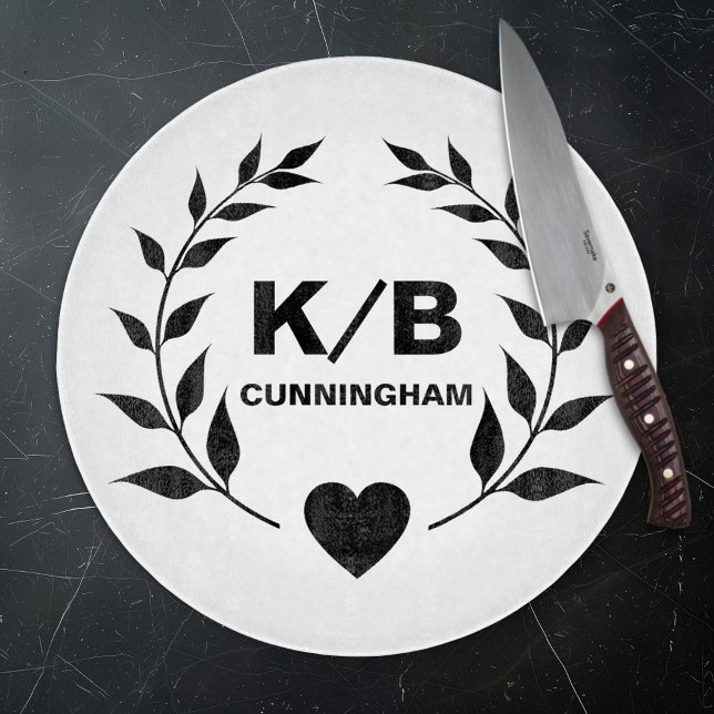 Custom Monogram and Surname Laurels and Heart Cutting Board (Creator Uploaded)