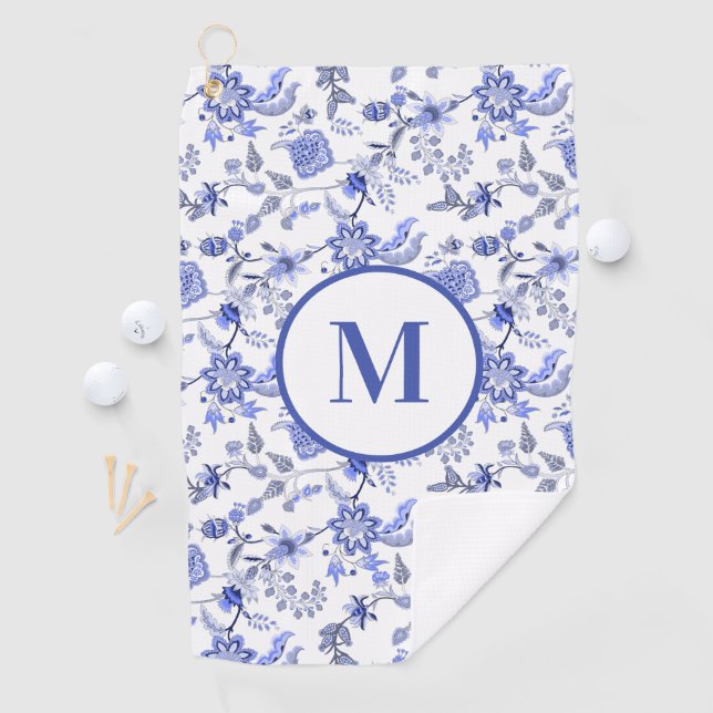 Custom Monogram Antique Blue White Floral Golf Towel (InSitu)