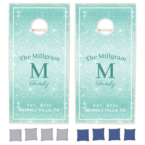 Custom Monogram Aqua Blue Ombre Glitter  White Cornhole Set