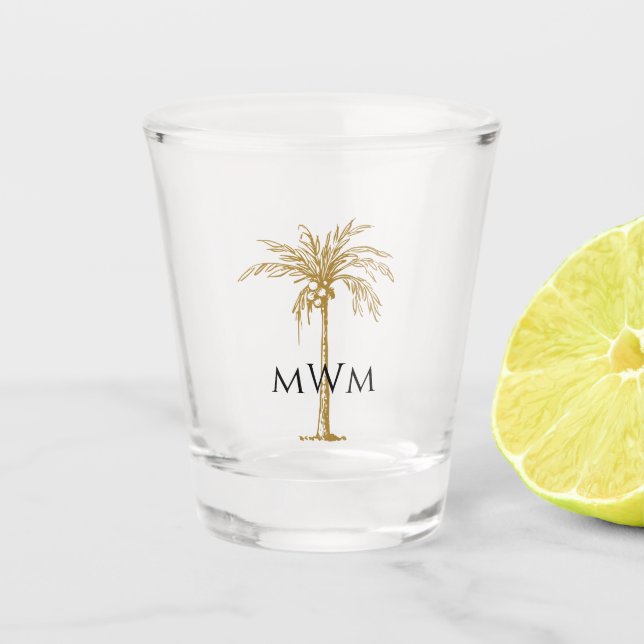 Custom Monogram Artistic Tropical Golden Palm Tree Shot Glass (Front)