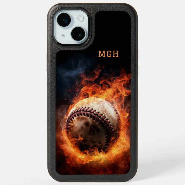 Custom Monogram Baseball on Fire iPhone 15 Plus Case (Back)