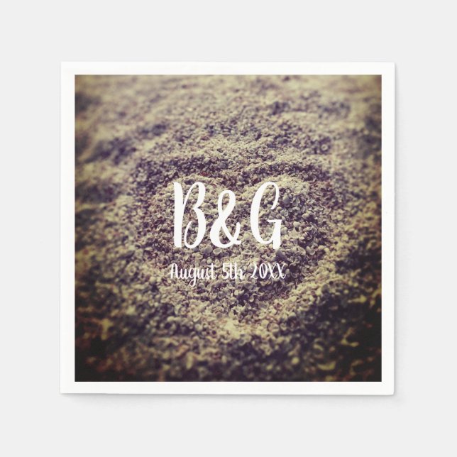 Custom monogram beach wedding heart in sand photo napkins (Front)