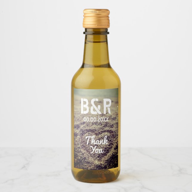 Custom monogram beach wedding photo mini bottle wine label (Front)
