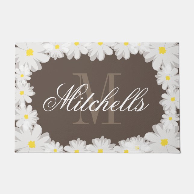 Custom monogram beige daisy flower floral large doormat (Front)