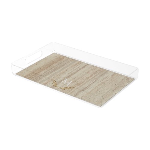 Custom Monogram Beige Travertine Marble Stone Acrylic Tray