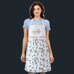 Custom Monogram, Berries and Greenery Pattern Apron<br><div class="desc">Add your own initial and name and make this beautiful apron your very own! Blueberries and greenery pattern in magenta, purple and green tones. Top area in white with monogram section in white with your initial in green hand written Script and name in magenta block typography. Magenta stripe joining both...</div>