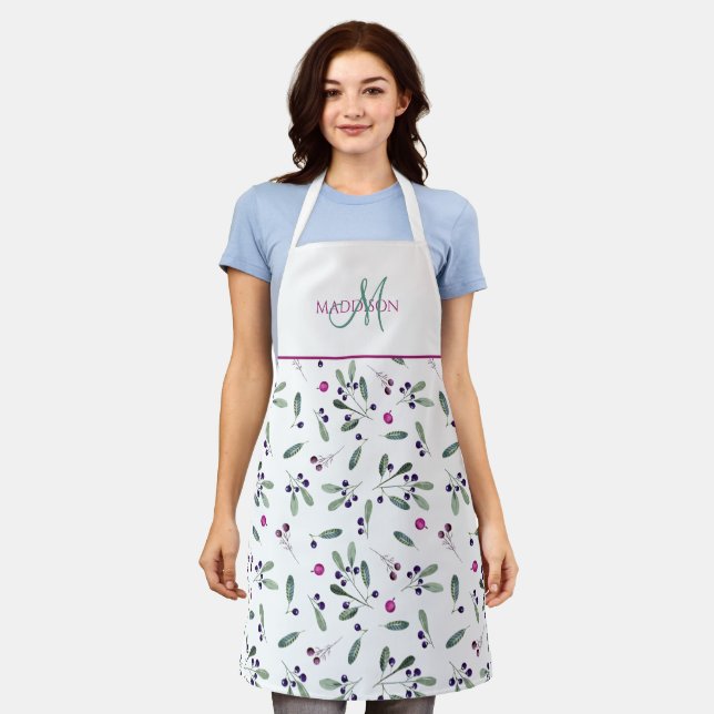 Custom Monogram, Berries and Greenery Pattern Apron (Worn)