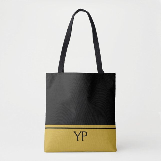 Custom Monogram Black and Gold Tote Bag (Front)