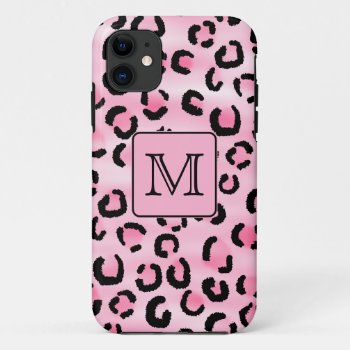 Custom Monogram. Black And Pink Leopard Print. Iphone 11 Case by Metarla_Monograms at Zazzle