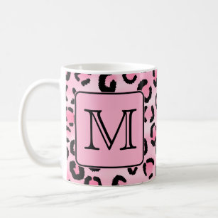 Custom Monogram. Black and Pink Leopard Print. Coffee Mug