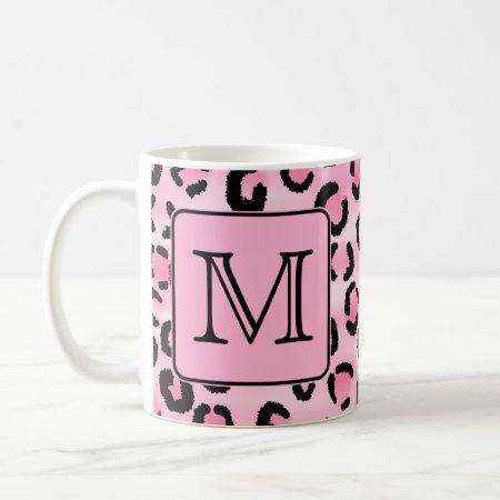 Custom Monogram. Black And Pink Leopard Print. Coffee Mug
