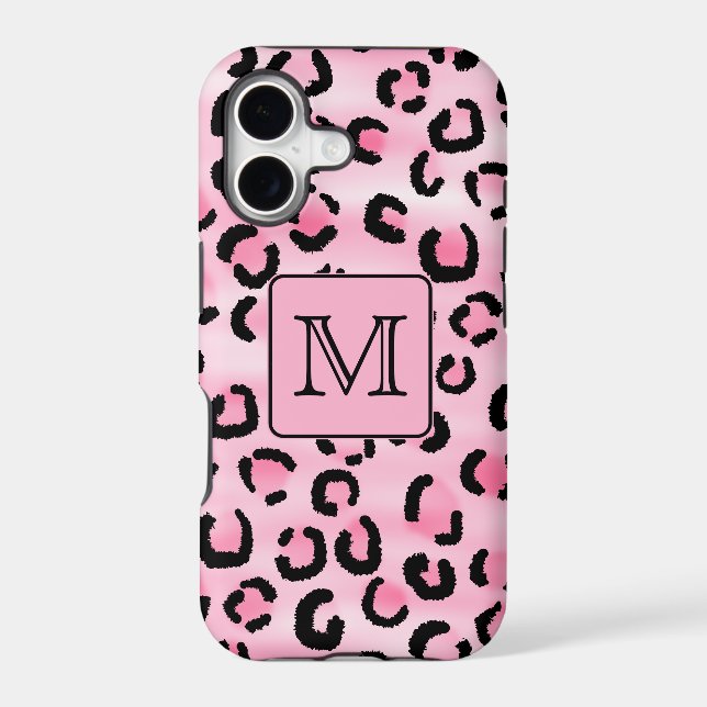 Custom Monogram. Black and Pink Leopard Print. Iphone Case (Back)
