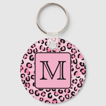 Custom Monogram. Black And Pink Leopard Print. Keychain by Metarla_Monograms at Zazzle
