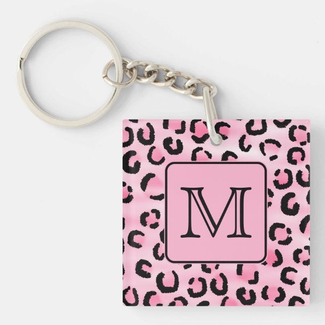 Custom Monogram. Black and Pink Leopard Print. Keychain (Front)