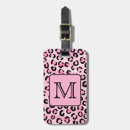 Custom Monogram. Black And Pink Leopard Print. Luggage Tag
