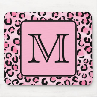 Custom Monogram. Black and Pink Leopard Print. Mouse Pad