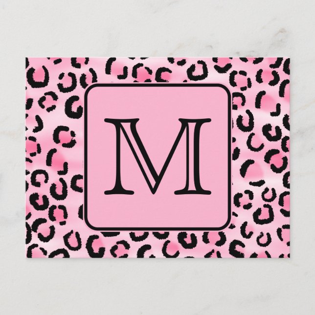 Custom Monogram. Black and Pink Leopard Print. Postcard (Front)