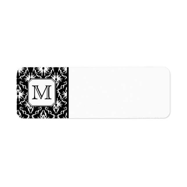 Custom Monogram. Black and White Damask Pattern. Label (Front)