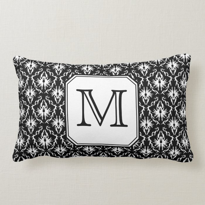 Custom Monogram. Black and White Damask Pattern. Throw Pillow