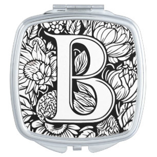 Custom Monogram Black and White Floral Party Favor Compact Mirror