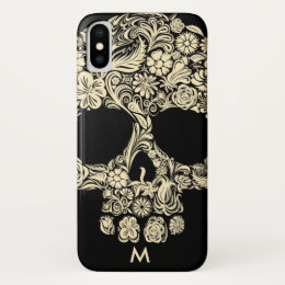 Custom Monogram Black and White Floral Sugar Skull iPhone X Case