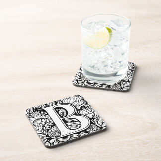 Custom Monogram Black and White Floral Tattoo Art Beverage Coaster