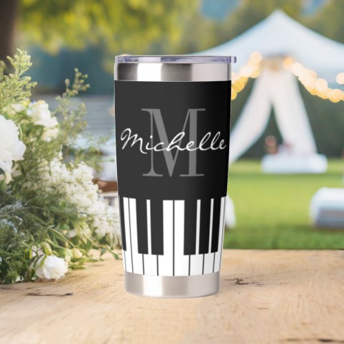 Custom monogram black and white piano keys  insulated tumbler